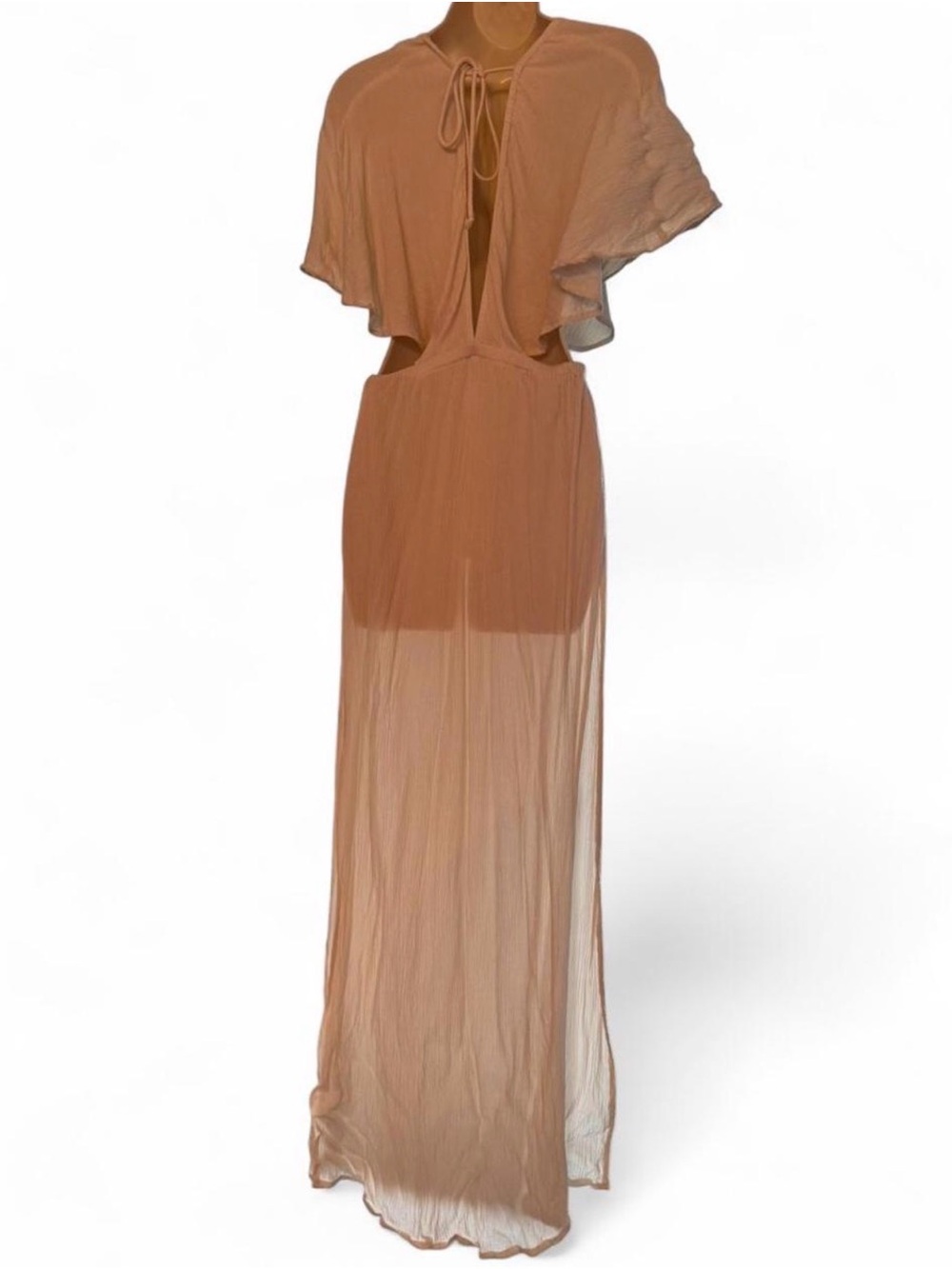 ASOS Cream Cutout Maxi Dress with Flutter Sleeves High Slit Boho Resort 8 - Picture 6 of 9